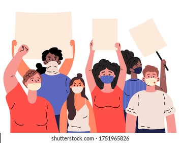 Multitud de manifestantes sosteniendo pancartas y carteles. Hombres y mujeres participando en la manifestación, protestando. Grupo de manifestantes o activistas internacionales, hombres y mujeres, con máscaras. Ilustración plana del vector