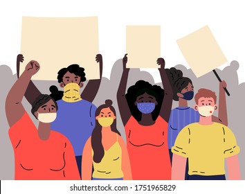 Crowd of protesting people holding banners and placards. Black lives matter.Men and women taking part in rally, protest. Group of international male and female protesters or activists. Vector illustration