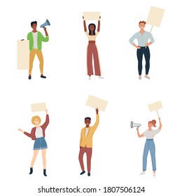 Eine Menge Proteste gegen Menschen, die Banner und Plakate halten.  Flache Männer und Frauen Charaktere auf Parade, politischen Treffen oder Kundgebungen.