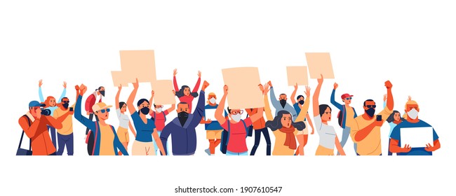 Multitud de manifestantes sosteniendo pancartas y carteles. Hombres y mujeres participando en reuniones políticas, desfile o manifestación. Grupo de manifestantes o activistas hombres y mujeres. Ilustración vectorial plana.