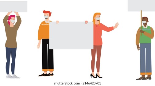Multitud de manifestantes sosteniendo pancartas y carteles. Hombres y mujeres participando en reuniones políticas, desfile o manifestación. Grupo de manifestantes o activistas hombres y mujeres. Ilustración vectorial.
