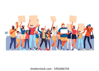 Crowd of protesting people with mask holding banners and placards. People taking part in political meeting, parade or rally. Group of male and female protesters or activists. Vector illustration.