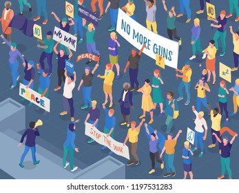 Crowd of protesting people with placards during street action against war isometric horizontal vector illustration