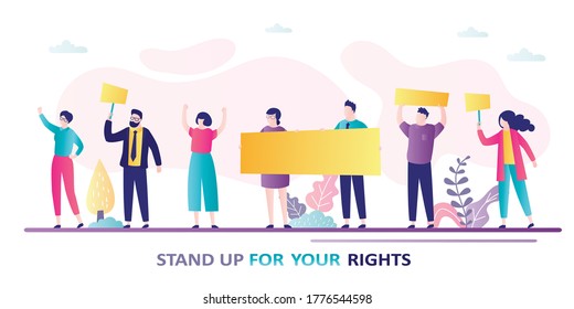 Crowd of protesting people. Various men and women with placards and signs. Protest for Human rights . Union strike. Democratic freedoms, peaceful protest. Horizontal banner. Flat vector illustration
