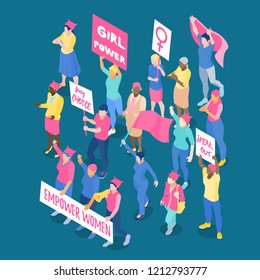 Crowd of protesting women feminists with placards and flags on dark blue background isometric vector illustration
