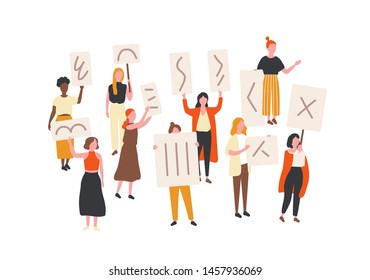 Crowd of protesting women holding banners and placards. Feminism activists taking part in political mass meeting, parade or rally. Group of feminist protesters. Flat cartoon vector illustration.