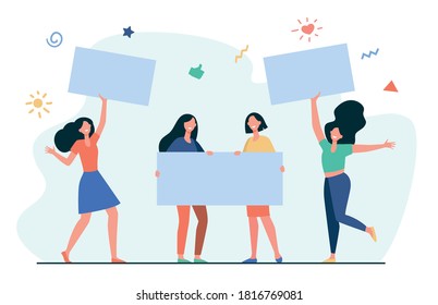 Crowd of protesting women holding banners and placards isolated flat vector illustration. Cartoon feminism activists meeting at protest, parade or rally. Collective fight and empowerment concept