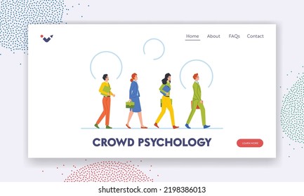 Crowd Psychology Landing Page Template. Business People Walk in Row, Male and Female Characters Going Together. Businessmen and Businesswomen Group, Office Employees. Cartoon Vector Illustration