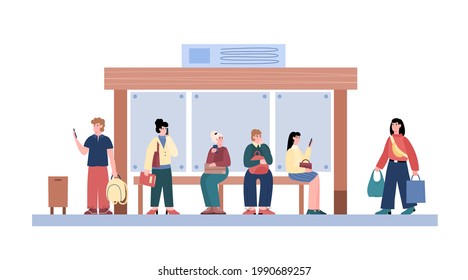 Crowd at public transport bus stop, cartoon vector illustration isolated on white background. City public transport station with passengers waiting for bus.