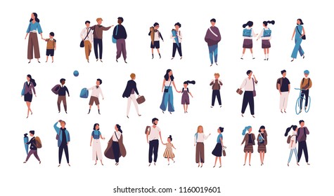 Crowd pupils  school children and parents   students going to school  college university  Tiny people street isolated white background  Colorful vector illustration in flat style 