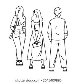 crowd queue line vector. back wait, stand big, person store crowd queue line character. people black line pencil drawing illustration