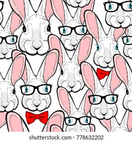 Crowd of rabbits in retro glasses and with bow tie. Vector seamless pattern.