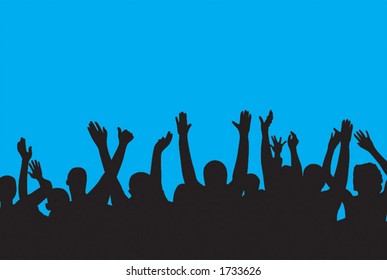 crowd with raised hands