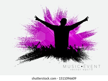 Crowd with raised hands at concert. Music festival, vector