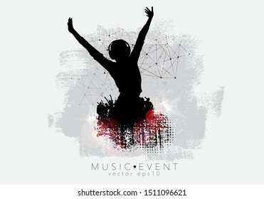 Crowd with raised hands at concert. Music festival, vector