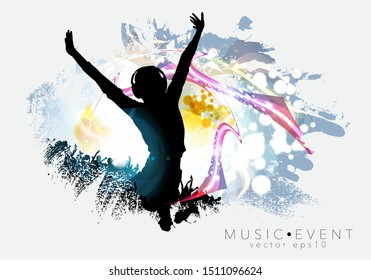 Crowd with raised hands at concert. Music festival, vector