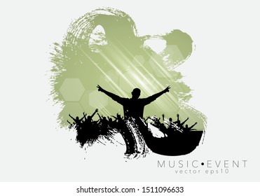 Crowd with raised hands at concert. Music festival, vector