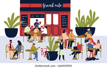 Crowd of relaxed cartoon people sitting at outdoor cafe vector flat illustration. Diverse colorful visitors at summer modern restaurant. Man, woman and children at street cafeteria isolated on white