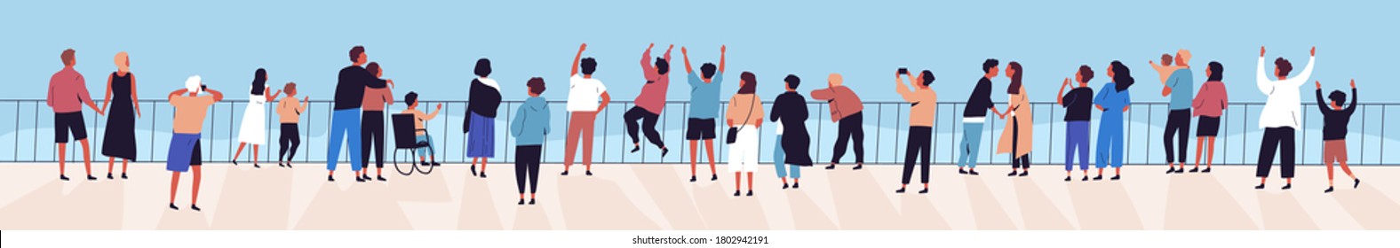 Crowd of relaxed people contemplating sea or ocean from waterfront vector flat illustration. Happy man, woman, children, couple and family spending time outdoor admiring sky and natural seascape