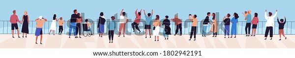 Crowd of relaxed people contemplating sea or\
ocean from waterfront vector flat illustration. Happy man, woman,\
children, couple and family spending time outdoor admiring sky and\
natural seascape