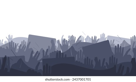 Crowd of rised up people hands silhouettes with banners and megaphones. 