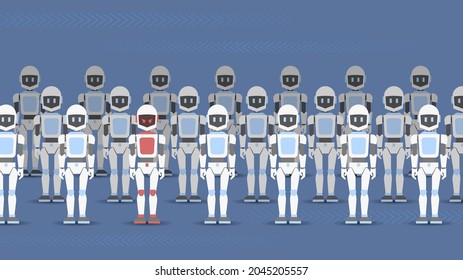 A Crowd Of Robots Stands In A Row And One Of Them Is An Evil Traitor