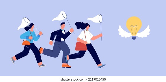 Crowd run to flying bulb. Business team catchind creative idea. People with nets and lamp with wings. Creators competition vector concept