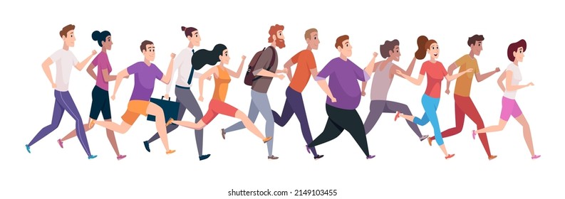 Crowd running. Outdoor jogging people healthy lifestyle sport persons exact vector cartoon illustrations