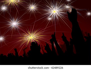 Escena multitudinaria con fuegos artificiales para el año nuevo