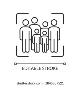 Crowd scene linear icon. Acting people in camera shot. Theater show professionals. Thin line customizable illustration. Contour symbol. Vector isolated outline drawing. Editable stroke