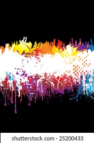 Crowd scene with people hands held high on abstract rainbow background