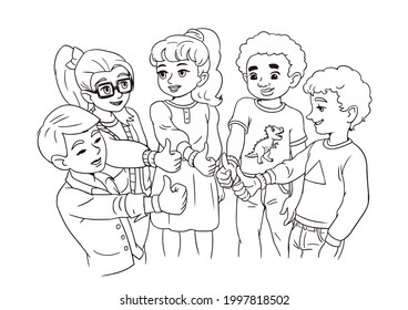 A crowd of schoolchildren stand in a group and show a thumbs up gesture with their hands. Coloring book school life, friendship and success. Realistic funny kids line. Vector kids isolated on white.