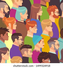 Crowd seamless pattern. Different people group, young men and women. Human heads in profile, population wallpaper vector various smiling person texture