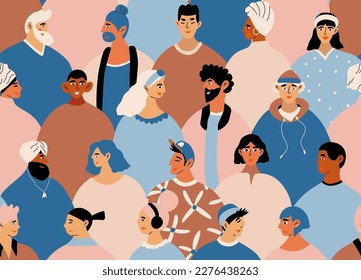 Crowd seamless pattern with multinational people. Diverse Unique Self. Cartoon vector illustration isolated on pink background. Print for site, social, article, book, banner. 