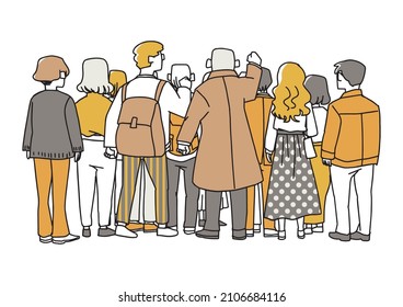 Crowd Seen From Behind, People Standing Upright, Warm Hand-drawn Portrait Illustration, Vector On White Background