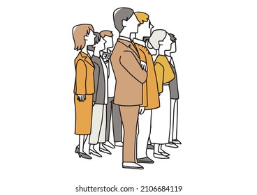 Crowd seen from the side, people standing upright, warm hand-painted person, vector on a white background