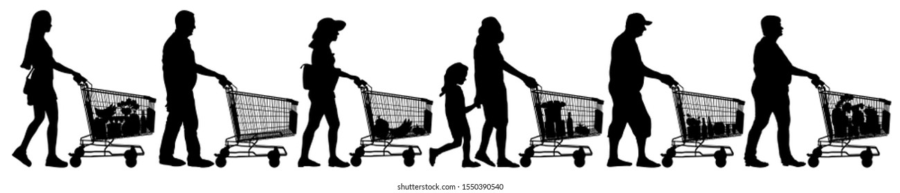 Crowd Of Shoppers With Products Trolleys. Silhouette Of People Walking With Shopping In A Supermarket