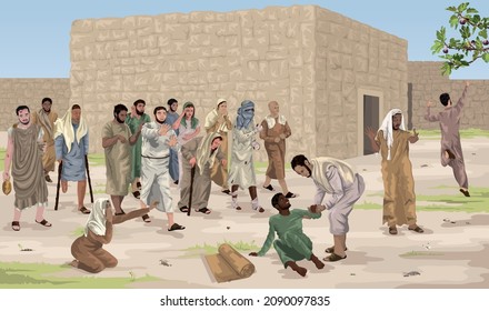 Crowd Of Sick People Coming To Jesus For Healing Illustration