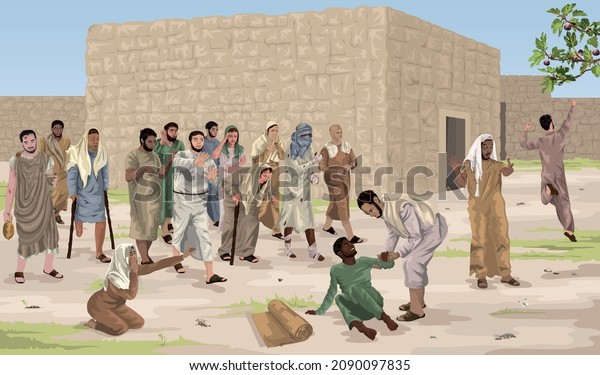 Crowd of Sick People Coming to Jesus for\
Healing Illustration