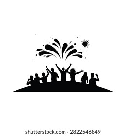 Crowd silhouette with fireworks display black on white background