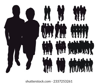 Crowd silhouette image, group of hugging people. The concept of hugs of relatives, warm meeting