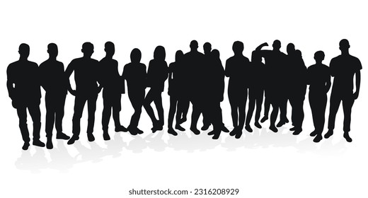 Crowd silhouette outline, group of people. Youth, students, business, workers, fans, team, crowded street