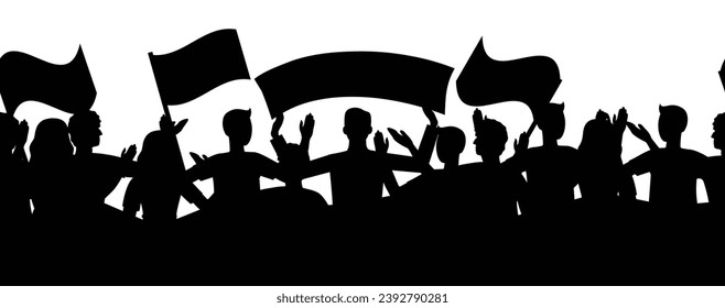 Silhouette de multitud protestando con banderas. Revolución sin fisuras en el fondo de la ilustración.