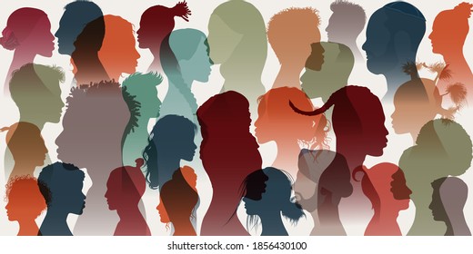 Crowd. Silhouette Side Group Of Men Women Girl Of Diverse Cultures. Diversity Multi-ethnic People. Racial Equality And Anti-racism. Multicultural And Multiracial Society. Allyship. Race