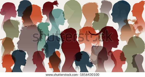 Crowd. Silhouette side group of men women girl of\
diverse cultures. Diversity multi-ethnic people. Racial equality\
and anti-racism. Multicultural and multiracial society. Allyship.\
Race