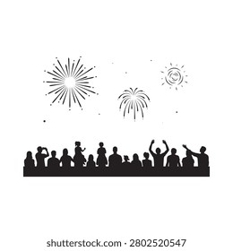 Crowd Silhouette Watching Fireworks Display Black And White