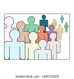 A crowd of simple colorful figures in a frame.