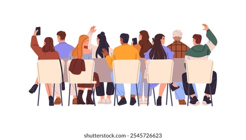 Crowd sits, listens to lecture, business training back view. People are on chairs hands ups to ask at seminar. Audience of conference is on seats. Flat isolated vector illustration on white background