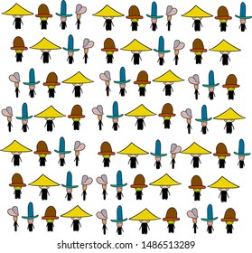 A crowd of small characters stand in rows. Some of them wear big hats.
