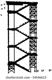 Crowd of small figures ascending a high staircase structure, vector silhouette
